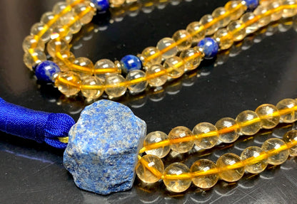 SolSky | Handmade Wisdom Necklace – Natural Citrine & Lapis Lazuli Mala Beads | 8mm 108 Beads | Solar Plexus & Throat Chakras | November & September Birthstones | Ethically Sourced