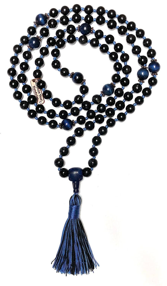 VESTA Black Tourmaline & Blue Tiger’s Eye Mala Necklace | 108 Beads for Grounding, Protection & Clear Communication | Root & Throat Chakra | Capricorn & Sagittarius Birthstone | Handmade in USA