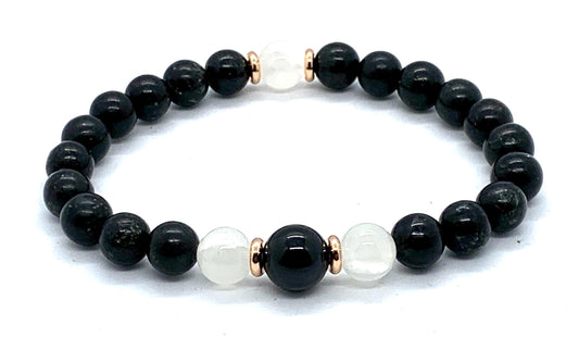 Black Tourmaline and Selenite Stretch Bracelet - October Birthstone for Libra - Root and Crown Chakra Jewelry - Protection Stones