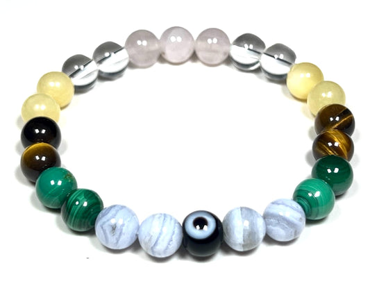 Awaken Your Kundalini Crystals For Happines - Beaded Bracelet - Malachite Tiger's Eye Calcite Blue Lace Agate Rose Quartz Evil Eye - Heart Chakra Stones, Happy Bracelet, Crystals for Joy