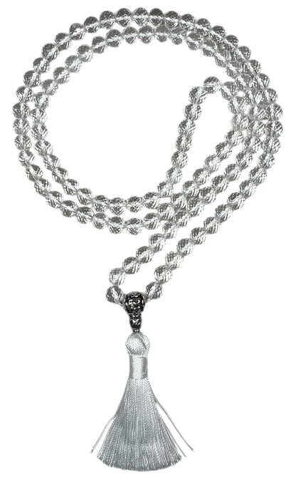 Diamond Cut Crystal Quartz Mala Beads Necklace – 108 Beads – Alloy Guru Bead with "Om Mani Padme Hum" Mantra Inscription – 6mm & 8mm – April Birthstone & Crown Chakra Energy Beads