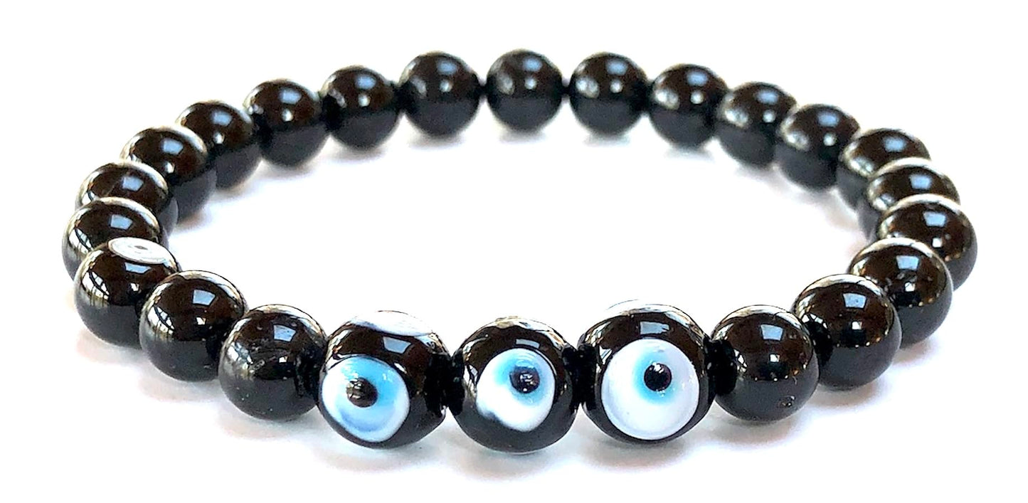 Black Tourmaline & Evil Eye Stretch Bracelet – Birthstone for October, Sun Sign Scorpio & Libra, Root Chakra