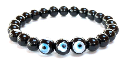 Black Tourmaline & Evil Eye Stretch Bracelet – Birthstone for October, Sun Sign Scorpio & Libra, Root Chakra