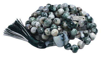 Hand Knotted Green Tree Agate Mala Necklace - Gemini & Virgo Birthstone - Root & Heart Chakra - 8mm 108 Beads with Zinc Alloy Spacers