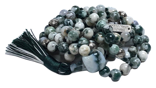 Hand Knotted Green Tree Agate Mala Necklace - Gemini & Virgo Birthstone - Root & Heart Chakra - 8mm 108 Beads with Zinc Alloy Spacers