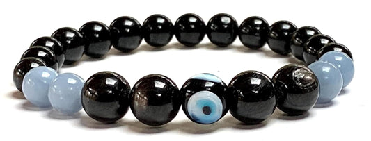 Empath Bracelet | Angelite, Tourmaline, Apache Tear, Evil Eye | 8mm Beads | 7.5 Inch | Throat, Root, Sacral Chakra Balance | Taurus Birthstone