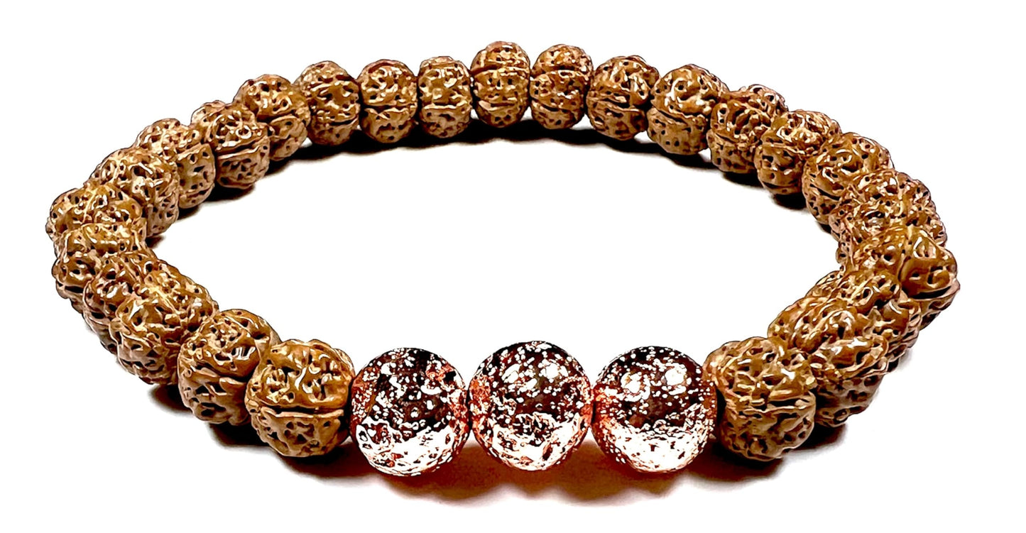 Handmade 5 Mukhi Chikna Rudraksha & Rose Gold Lava Bead Bracelet - Root Chakra Balance & Universal Birthstone - Strength & Harmony