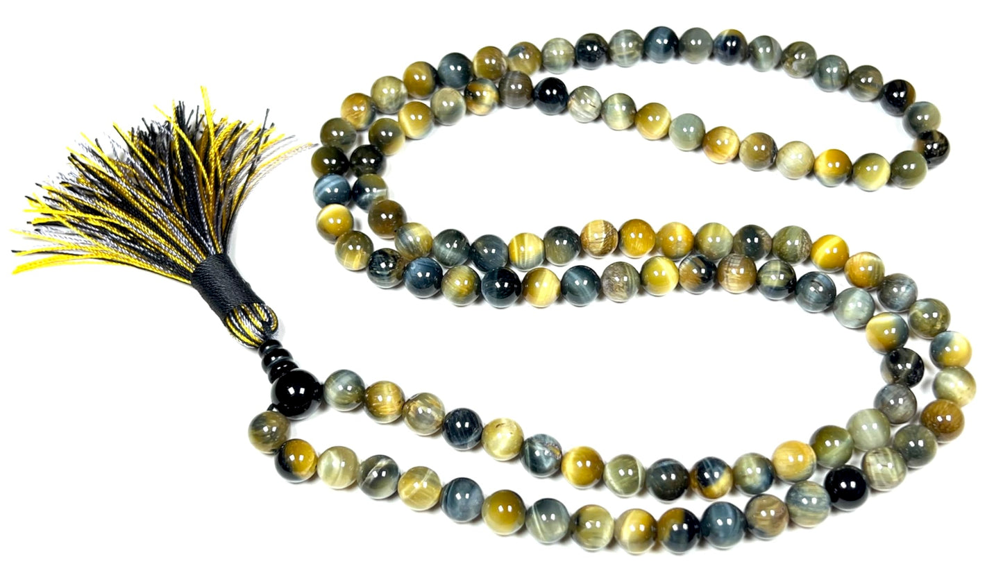 Handmade Tiger's Eye Mala Beads Necklace – 8mm 108 Beads – Multicolor Options – Solar Plexus Chakra & Zodiac Birthstones – Meditation Jewelry