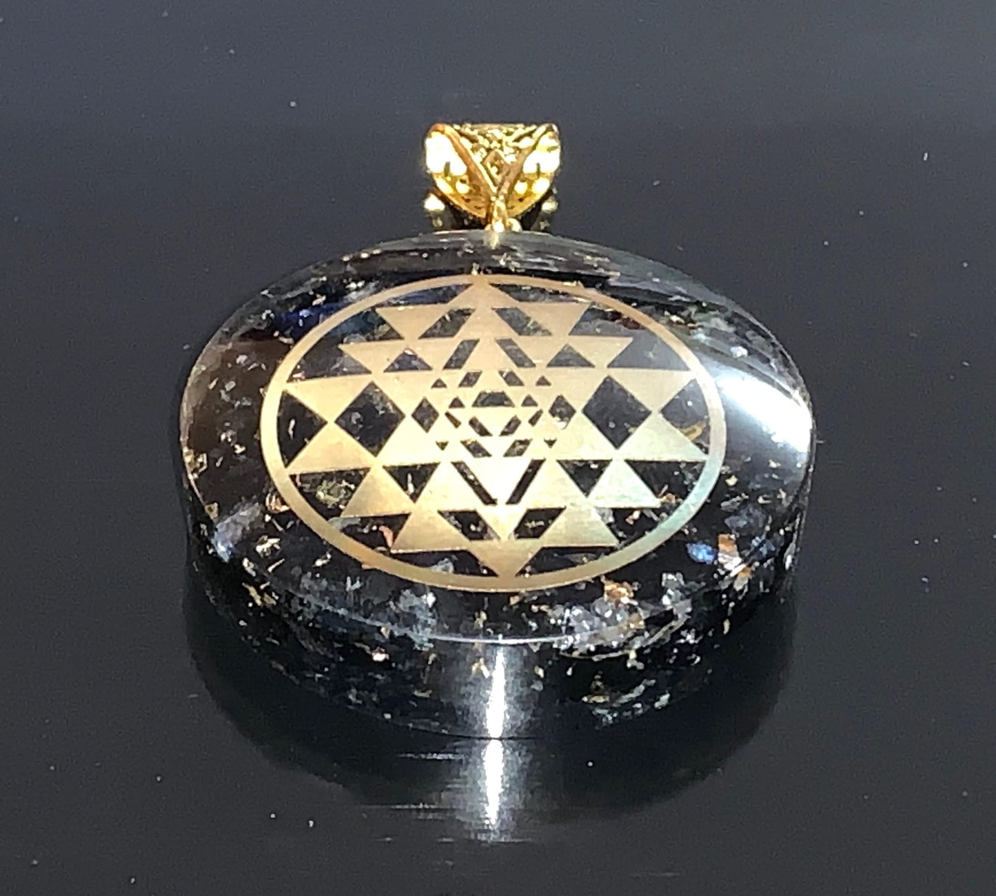 Shungite Sri Yantra Orgone Pendant Necklace, Aquarius Gemstone, Root & Crown Chakra