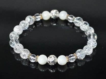 Handmade AAA Crackled and Faceted Crystal Quartz with Mother of Pearl Stretch Bracelet, Gemini Birthstone, May-June Sun Sign, Crown Chakra