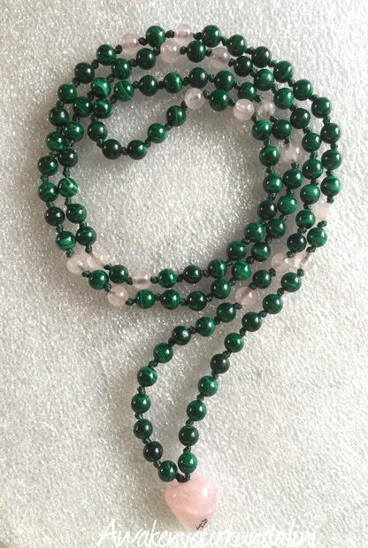 Malachite & Rose Quartz knotted Mala Necklace | GAIA Collection by AYK