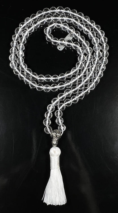 Awaken Your Kundalini Crystals Mala Beads Necklace Reiki Healing Stones Blessed & Energized Handmade 108 Buddhist Prayer Beads - Comes w/Velvet Pouch (Crystal Quartz Diamond cut, 8 mm)