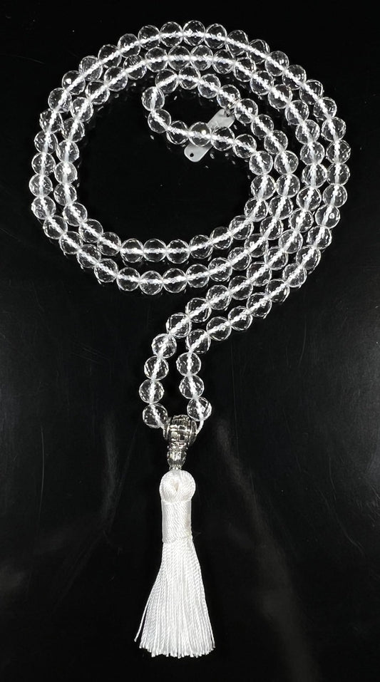 Awaken Your Kundalini Crystals Mala Beads Necklace Reiki Healing Stones Blessed & Energized Handmade 108 Buddhist Prayer Beads - Comes w/Velvet Pouch (Crystal Quartz Diamond cut, 8 mm)