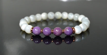 Moonstone & Phosphosiderite Stretch Bracelet - Cancer & Sagittarius Birthstone - Crown & Heart Chakra