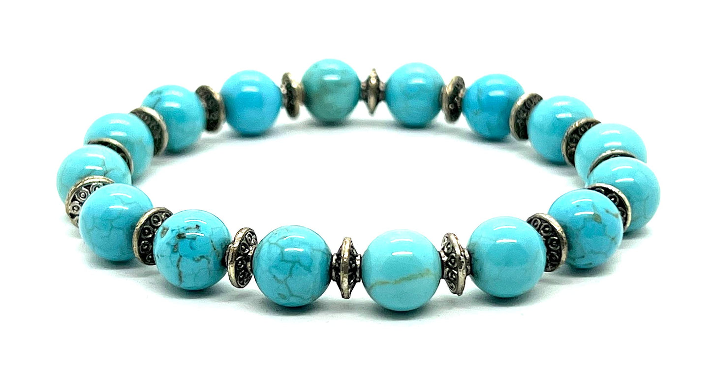 Turquoise Stretch Bracelet, Natural Gemstone Beads, Beaded Wristband, Boho Style, Handmade Jewelry, Communication, Emotional Balance - Approx. 7.25 Inches Wrist Size