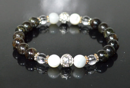 Astrophyllite, Crystal Quartz, Lava & Mother of Pearl Stretch Bracelet - Birthstone for April & June - Zodiac Sun Sign for Aries, Taurus, Gemini Cancer - Crown Chakra