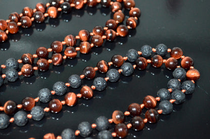 VULCAN Red Tiger’s Eye & Lava Mala Necklace | Hand Knotted 108 Beads for Courage & Grounding