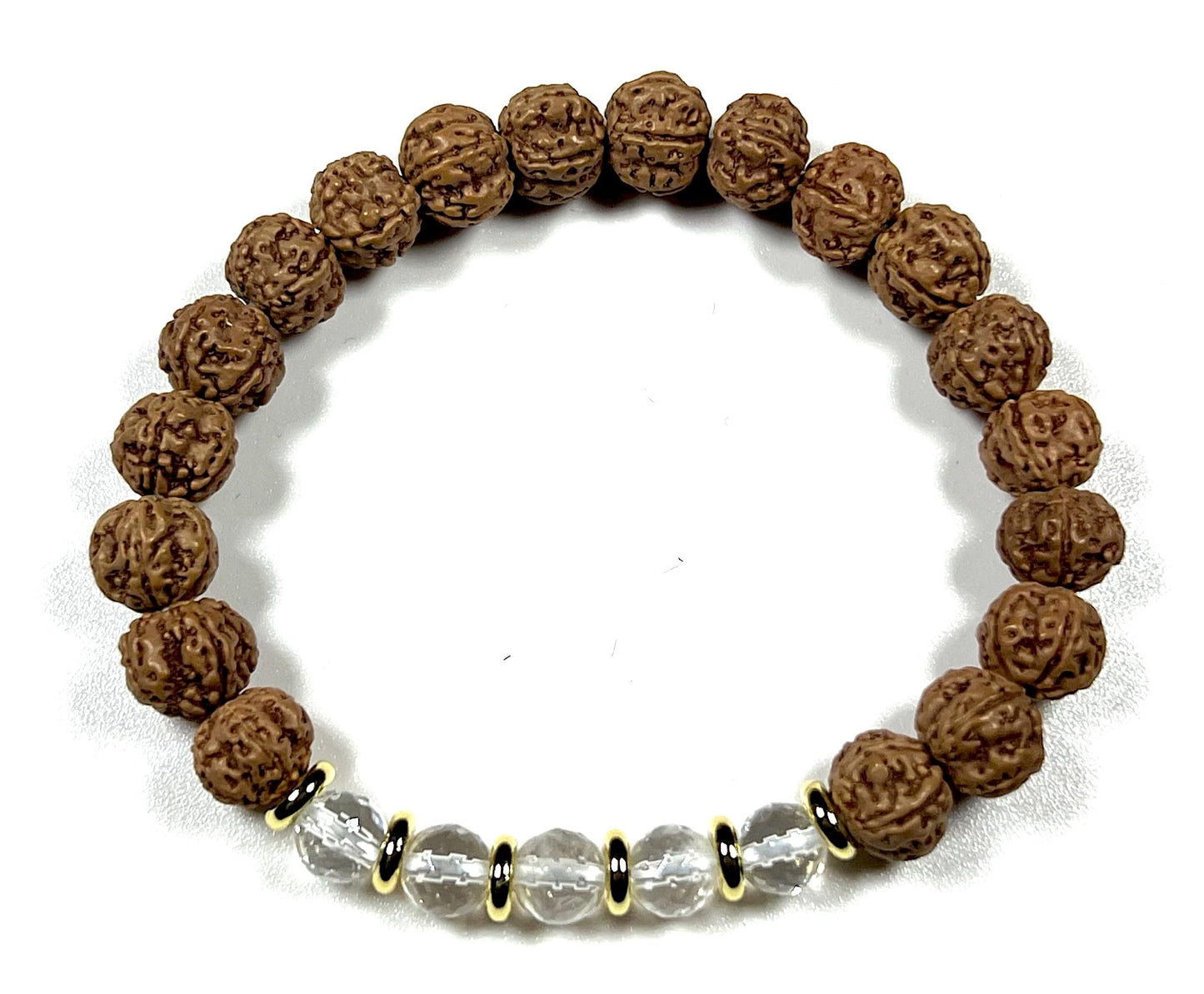 5 Mukhi Chikna Rudraksha Bracelet with Crystal Quartz | Stretch Beads for Balance & Clarity