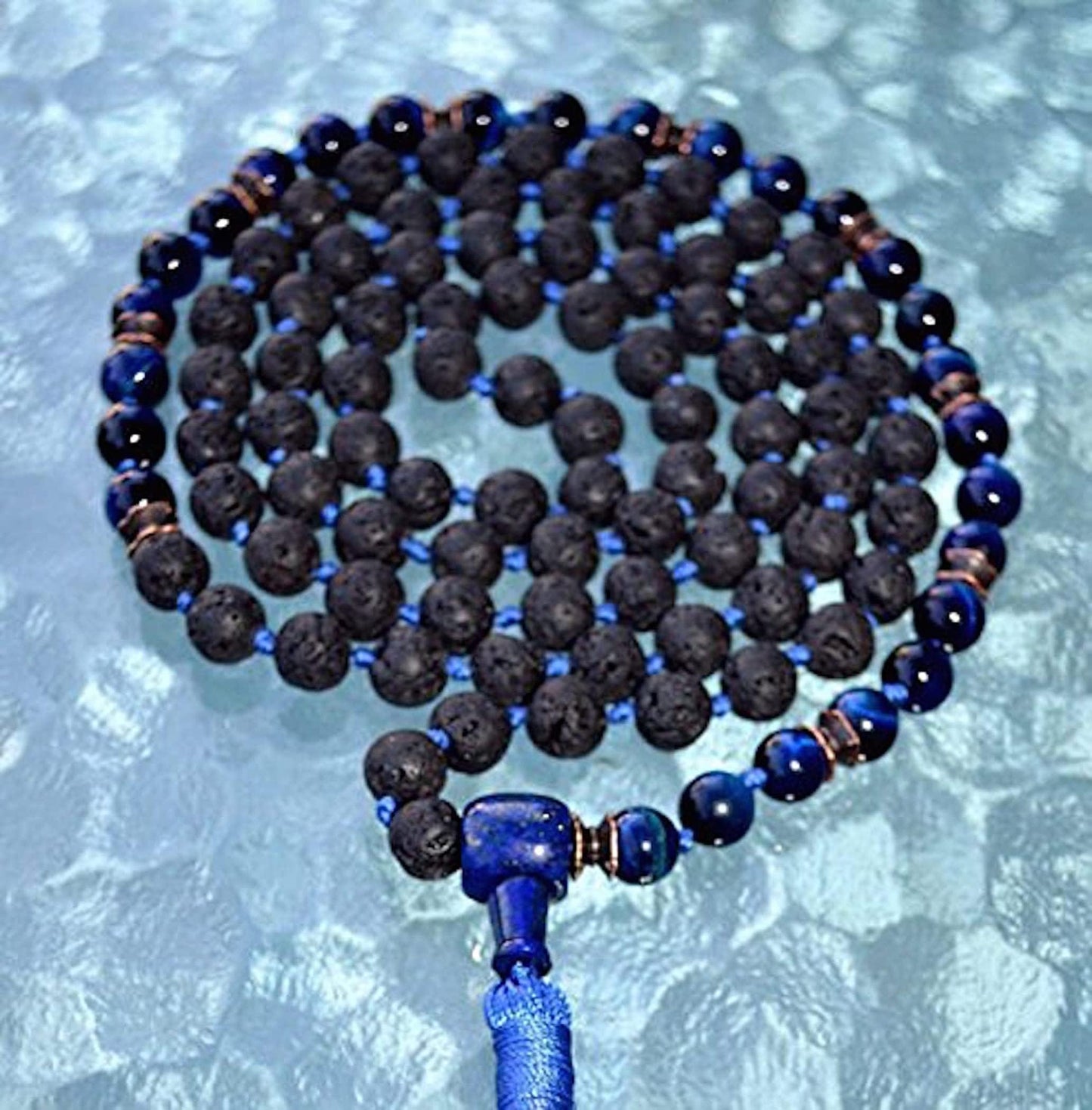 VULCAN Blue Tiger’s Eye & Lava Mala Necklace | 108 Beads for Grounding & Focus