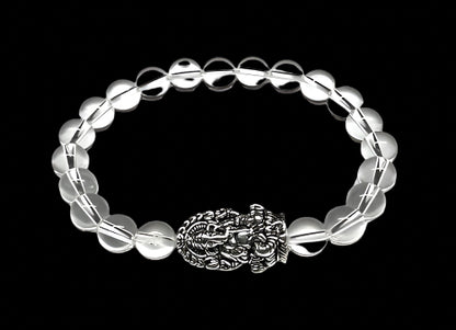 8mm Clear Crystal Quartz beaded stretch bracelet with a silver intricate Ganesha  charm