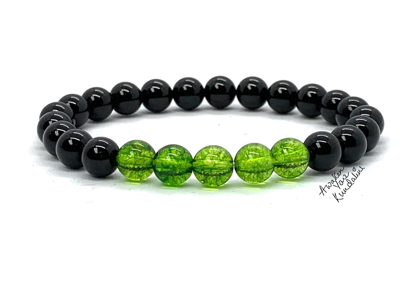 Peridot and Black Tourmaline Stretch Bracelet - August Birthstone for Leo and Virgo - Heart Chakra Association