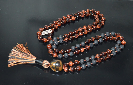 VULCAN Red Tiger’s Eye & Lava Mala Necklace | Hand Knotted 108 Beads for Courage & Grounding