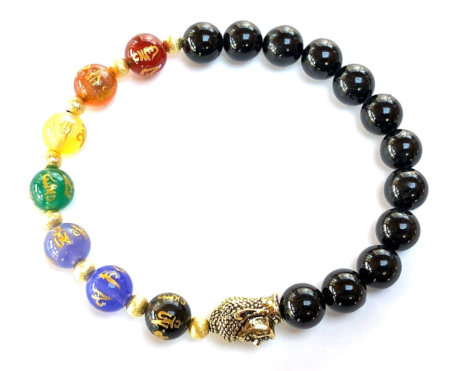 7 Chakra Black Tourmaline & Buddha Stretch Bracelet – 8mm Beads - Onyx Beads with "Om Mani Padme Hum" Inscription – Chakra Balancing & Zodiac Birthstones