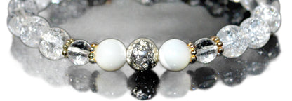 Handmade AAA Crackled and Faceted Crystal Quartz with Mother of Pearl Stretch Bracelet, Gemini Birthstone, May-June Sun Sign, Crown Chakra