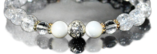 Handmade AAA Crackled and Faceted Crystal Quartz with Mother of Pearl Stretch Bracelet, Gemini Birthstone, May-June Sun Sign, Crown Chakra