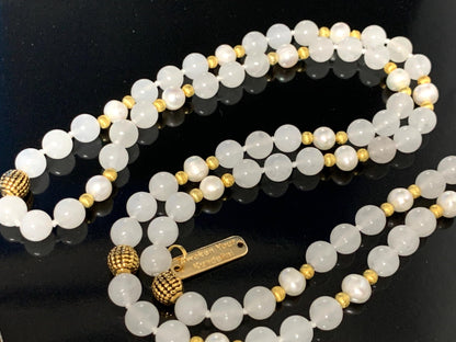 Hand-Knotted Selenite Pearl Mala Necklace with Hematite Guru Bead, 8mm, 108 Beads – Cancer Birthstone for June July - Third Eye Chakra Necklace