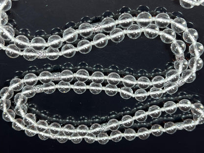 Illuminate Your Path: Hand-Knotted 8mm Clear Crystal Quartz Mala Beads Necklace - Leo Birthstone Sun Sign - Crown Chakra