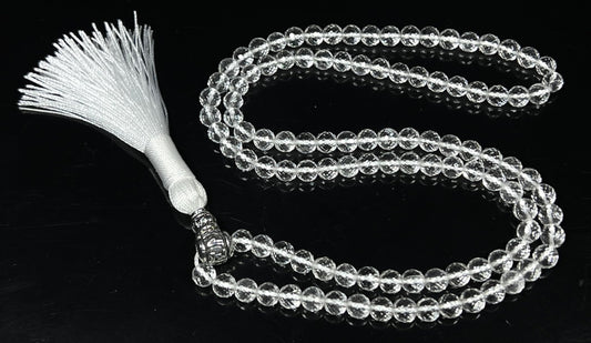 Diamond Cut Crystal Quartz Mala Beads Necklace – 108 Beads – Alloy Guru Bead with "Om Mani Padme Hum" Mantra Inscription – 6mm & 8mm – April Birthstone & Crown Chakra Energy Beads
