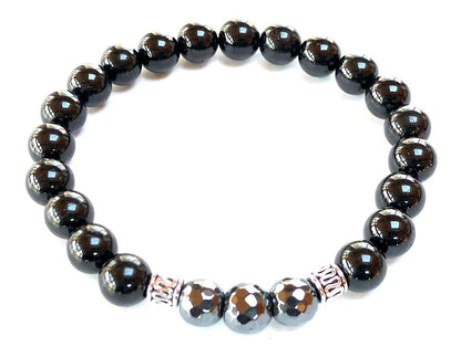 Black Tourmaline & Hematite Beads Stretch Bracelet – Birthstone for October, Sun Sign Scorpio & Libra, Root & Solar Plexus Chakra