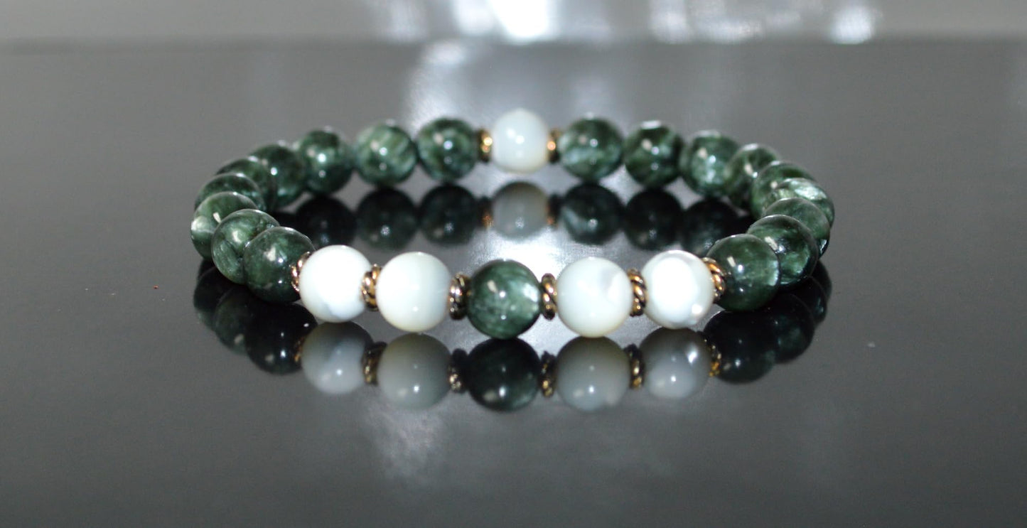 Seraphinite and Mother of Pearl Beads Stretch Bracelet - Universal Birthstone - Heart Chakra Jewelry