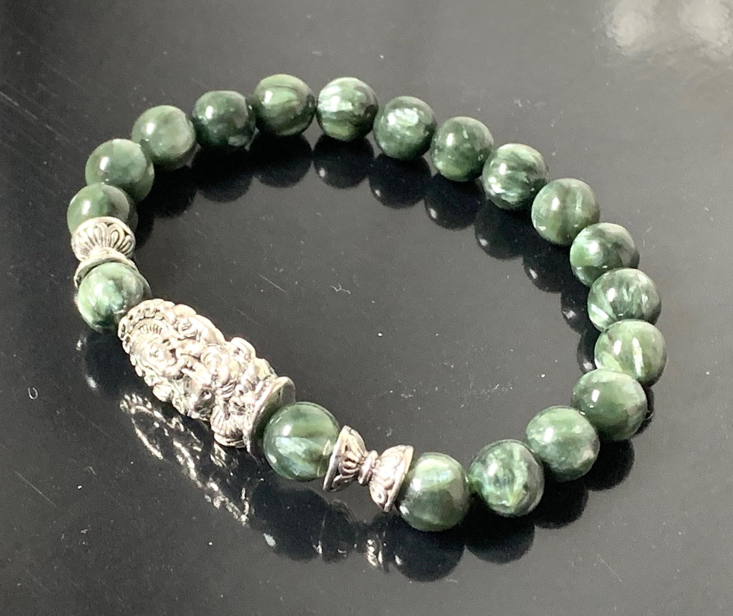 Seraphinite Stretch Bracelet with Choice of Alloy Silver Finish Mother Mary & Holy Cross or Lord Ganesha - Universal Birthstone - Heart & Crown Chakra