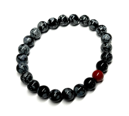 Snowflake Obsidian & Red Jasper Stretch Bracelet - Aries Scorpio Sagittarius Birthstone for March October November December - Root Chakra