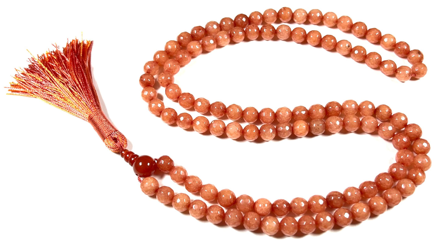 Faceted Orange Jade Mala Beads Necklace – 8mm, 108 Beads – Birthstone & Chakra Energy Beads for Spiritual Practices & Meditation
