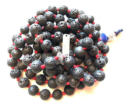 VULCAN Lava Mala Necklace with Lapis Guru Bead | Hand-Knotted 108 Beads
