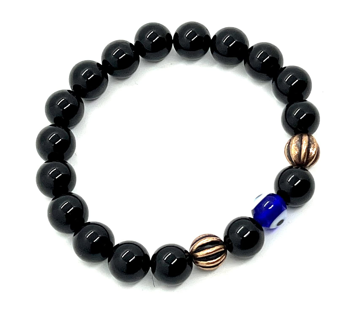Evil eye Black Onyx bracelet Protective mala beads healing crystal wrist stretch Bracelet 10mm Root Chakra beads Copper healing Bracelet w/copper alloy spacers, Repels negativity