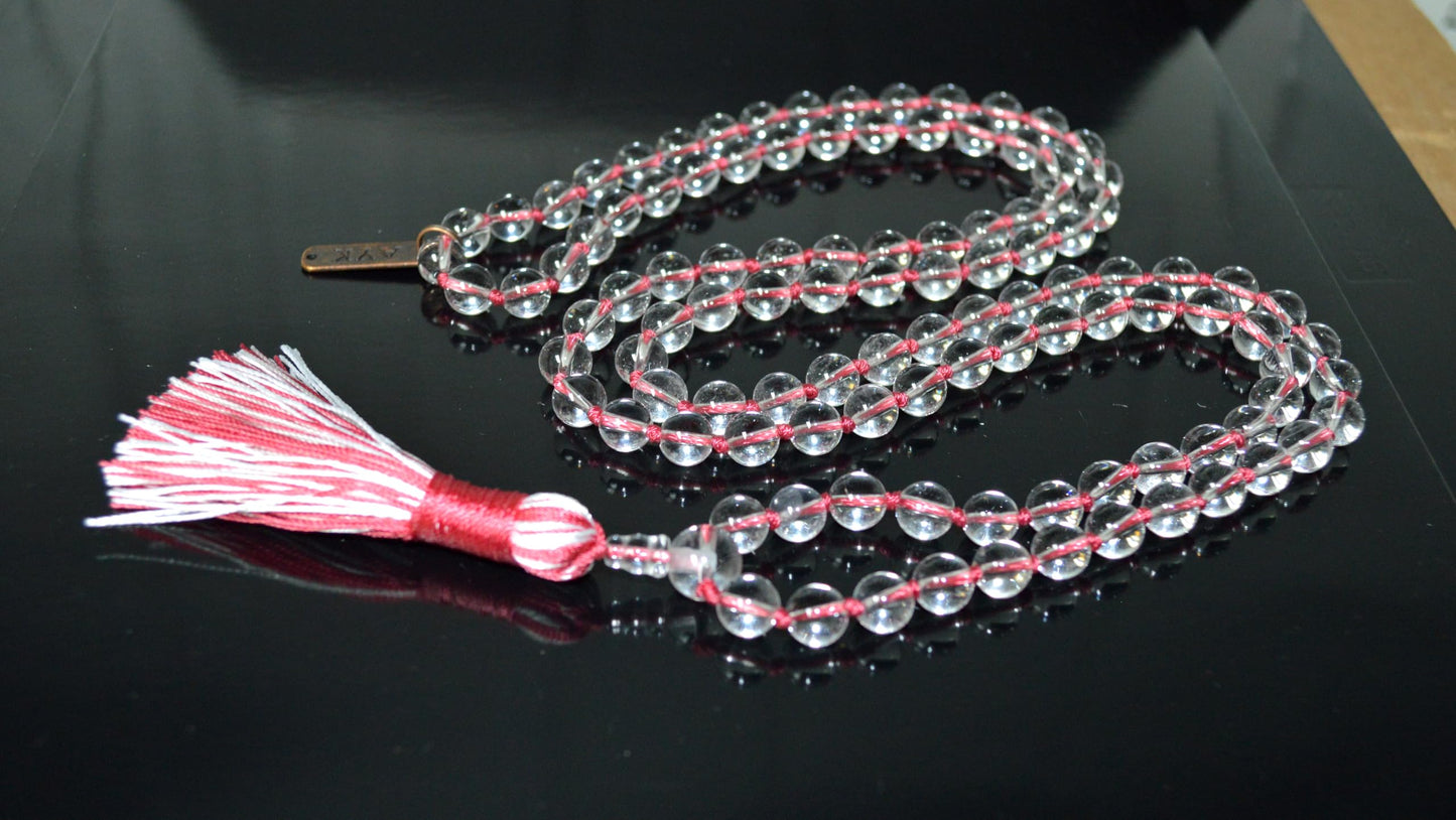 Hand Knotted Clear Crystal Quartz Mala Beads Necklace, 108 Beads, Birthstone for April, Taurus Sun Sign, Crown Chakra, Astrological Sign Aries