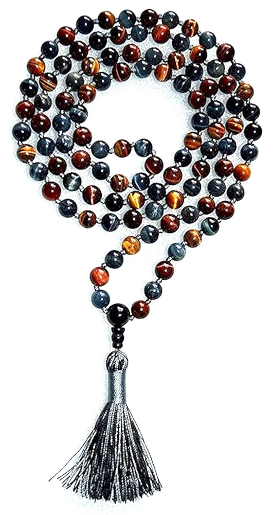 AWAKEN YOUR KUNDALINI Hand Knotted Multi-Color Tiger's Eye and Hawk's Eye Mala Necklace - Embrace Balance and Strength