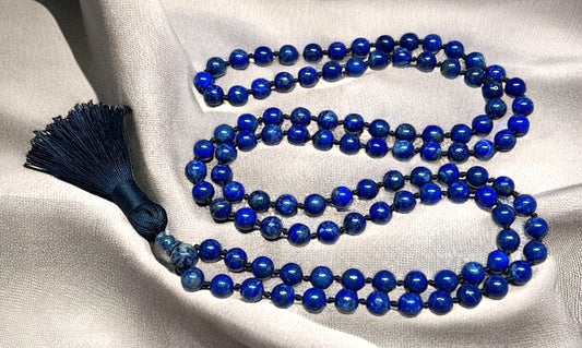 AWAKEN YOUR KUNDALINI Hand Knotted Lapis Lazuli Mala Necklace - 8mm Bead Size - Birthstone Sagittarius Sun Sign - Astrological Sign Pisces - Third Eye Chakra
