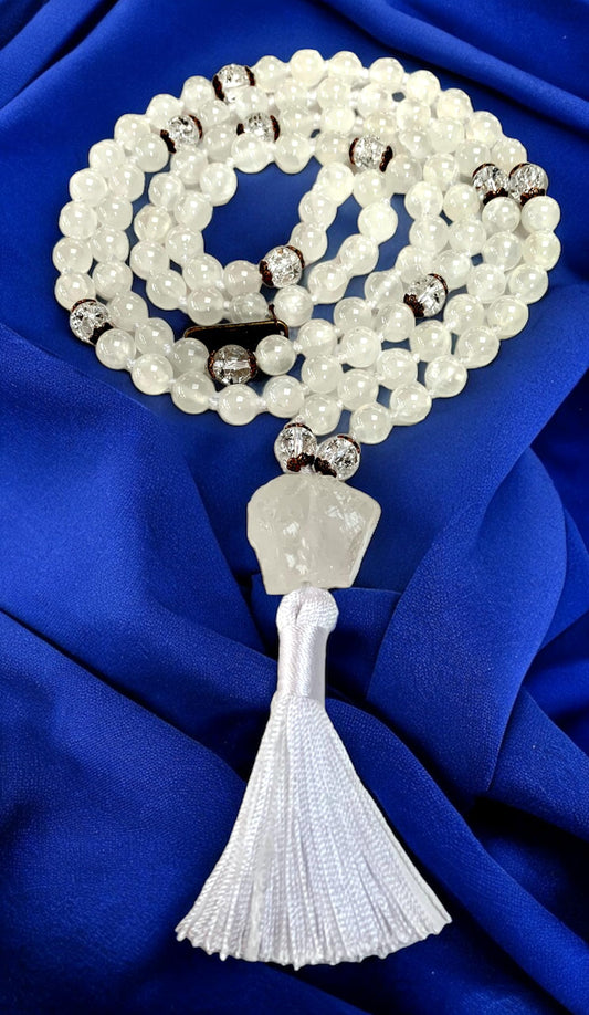 AAA Grade 8mm Genuine Natural Selenite & Nirvana Crystal Quartz, Gemstone Mala Bead Necklace, Soul Chakra, Crown Chakra, Jaap Japa, 108 Mala, Energized Mala Beads Necklace, Chakra Mala