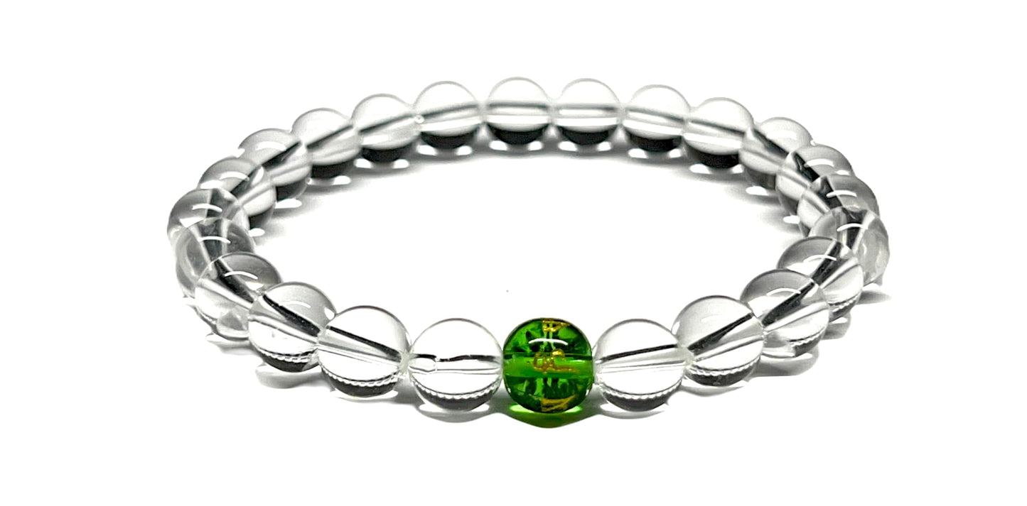 Crystal Quartz and Peridot Stretch Bracelet – Birthstone for August (Leo, Virgo) – Crown and Heart Chakra Alignment