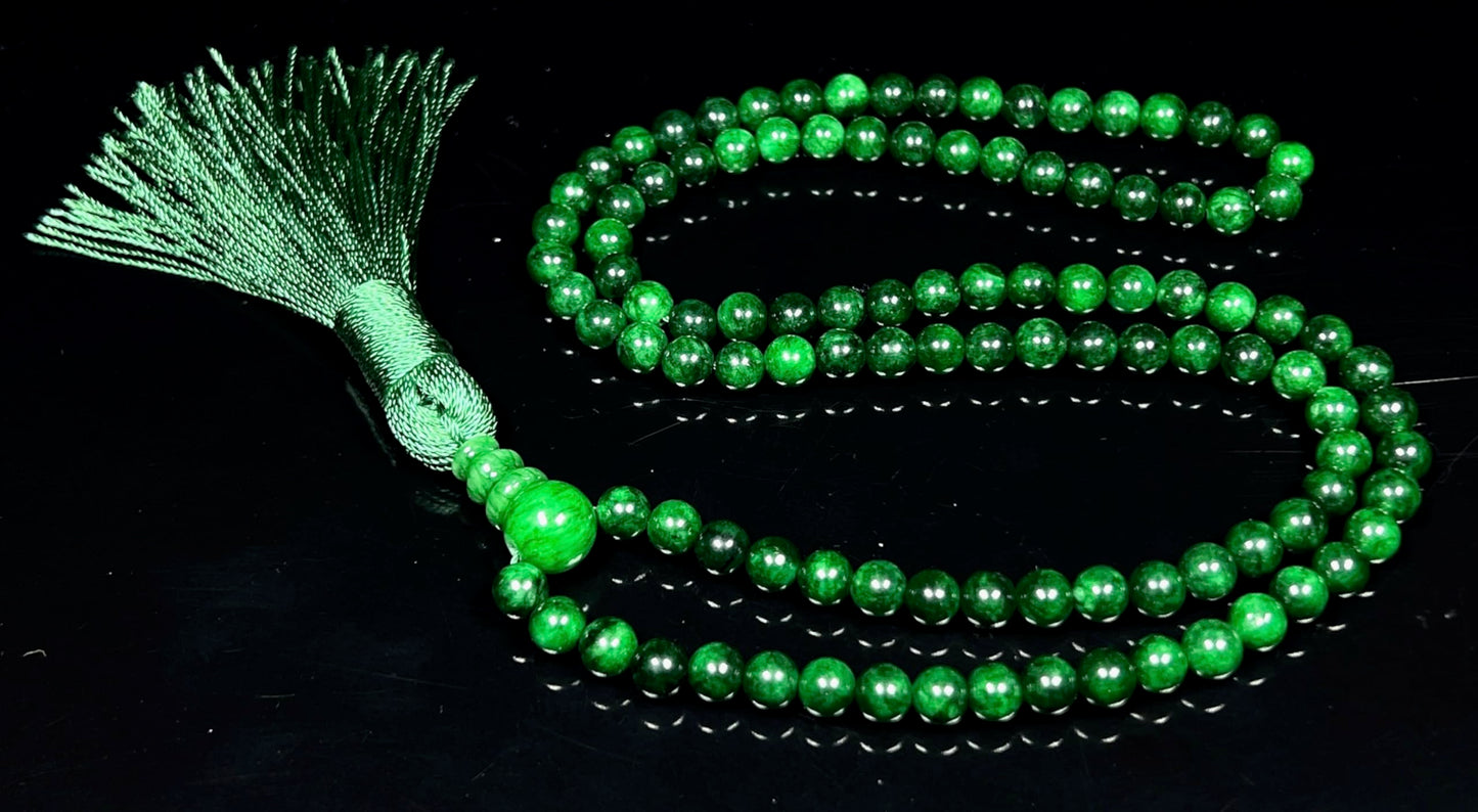 Handmade Green Jade Mala Beads Necklace – 6mm & 8mm | 108 Beads | Heart Chakra & May Birthstone | Ethical & Natural