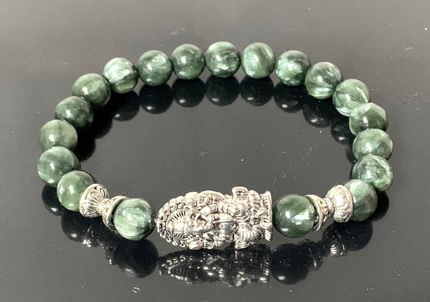 Seraphinite Stretch Bracelet with Choice of Alloy Silver Finish Mother Mary & Holy Cross or Lord Ganesha - Universal Birthstone - Heart & Crown Chakra