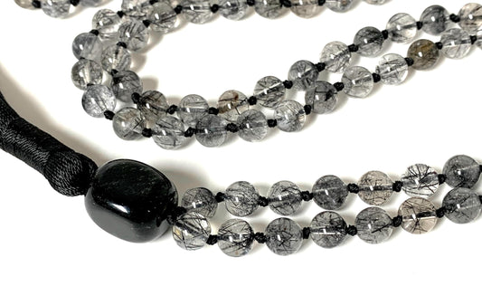 AAA Grade Rutilated Quartz Mala Necklace with Black Tourmaline Guru Bead – Hand-knotted 8mm 108 Beads | Crown & Root Chakras | April Birthstone Energy | Ethically Sourced