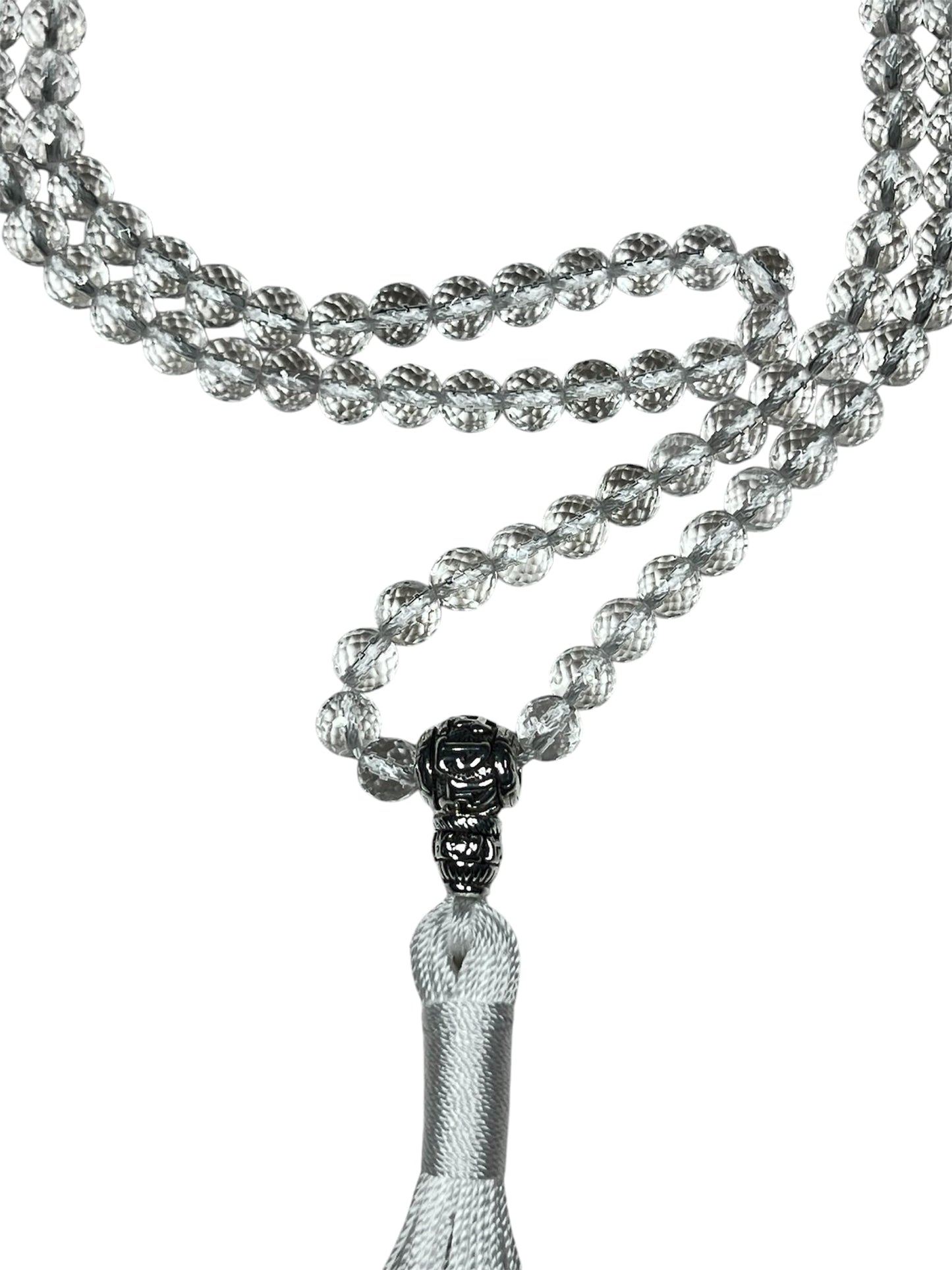 Diamond Cut Crystal Quartz Mala Beads Necklace – 108 Beads – Alloy Guru Bead with "Om Mani Padme Hum" Mantra Inscription – 6mm & 8mm – April Birthstone & Crown Chakra Energy Beads
