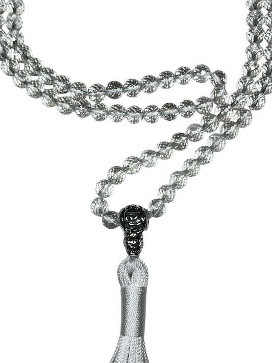 Diamond Cut Crystal Quartz Mala Beads Necklace – 108 Beads – Alloy Guru Bead with "Om Mani Padme Hum" Mantra Inscription – 6mm & 8mm – April Birthstone & Crown Chakra Energy Beads