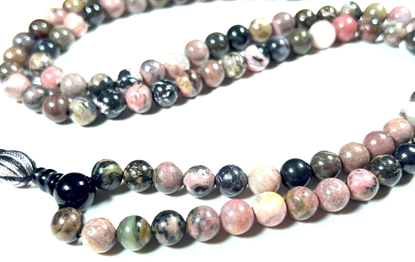 Rhodonite Mala Beads Necklace with Black Onyx Guru Bead – 108 Beads – 6mm & 8mm – Heart Chakra & Gemini Birthstone – Meditation Jewelry